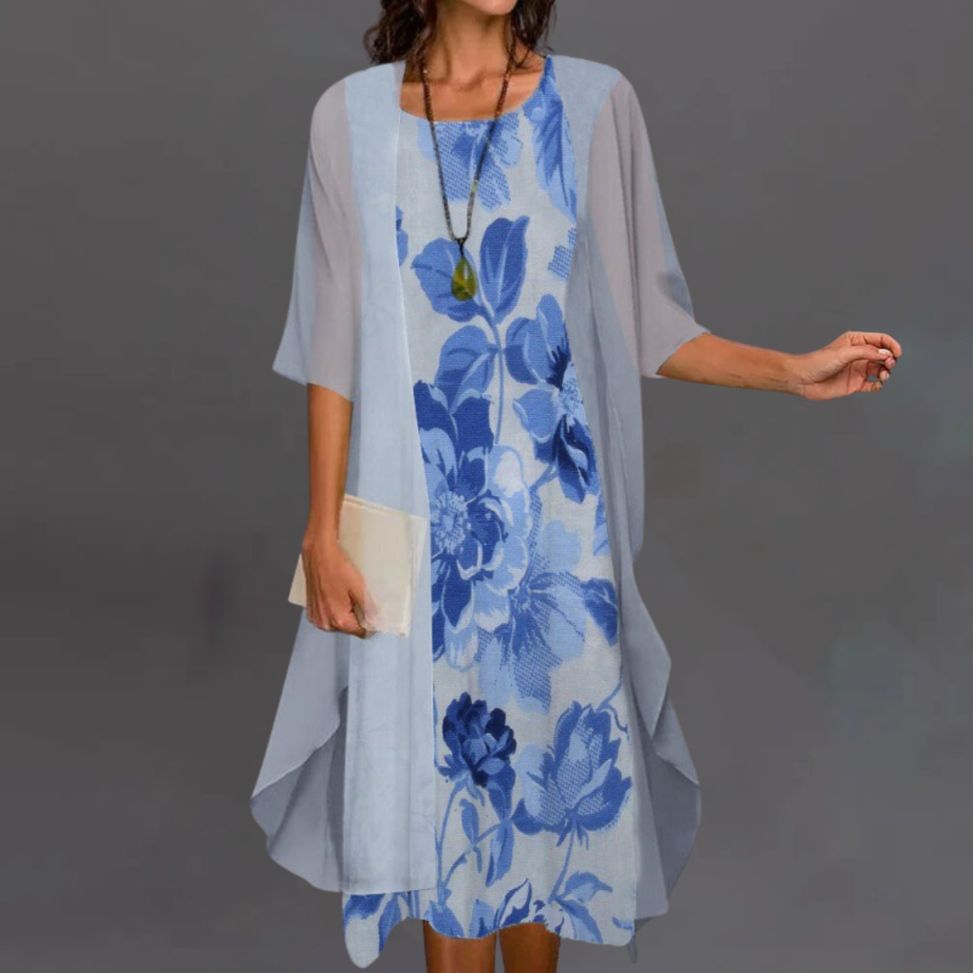Irena | Eleganten cvetlični set – obleka & kardigan