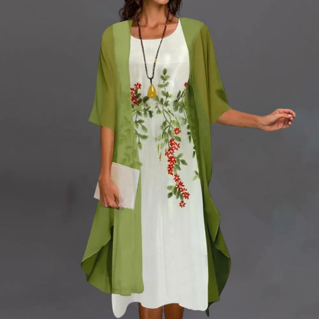 Irena | Eleganten cvetlični set – obleka & kardigan